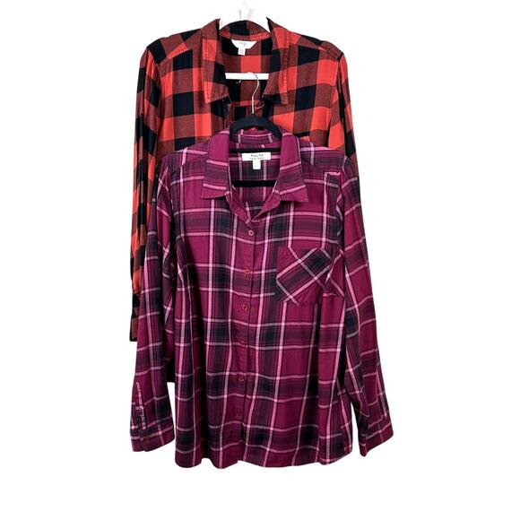 1X Plaid Flannel Shirt Bundle Red Black Check Lace Up Grunge Tops Plus retro - Picture 1 of 10